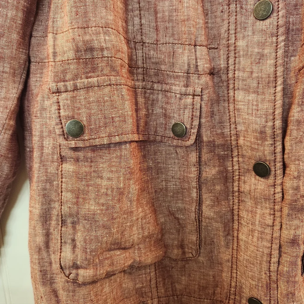 Women Heather Red 100% Linen Snap Buttons Utility Safari Jacket Size 2XL Summer - Picture 4 of 15